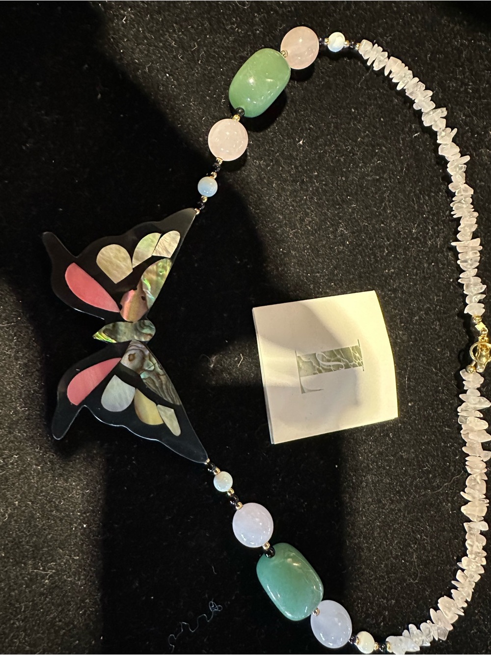 Handcrafted Butterfly Pendant Necklace Jade Rose Quartz by Lee Sands Abalone